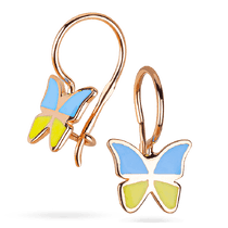 обзорное фото Золотые детские серьги Бабочки жёлто-голубые 037573 Золотые детские сережки обзорное фото Золотые детские серьги Бабочки жёлто-голубые 037573  Золотые детские сережки