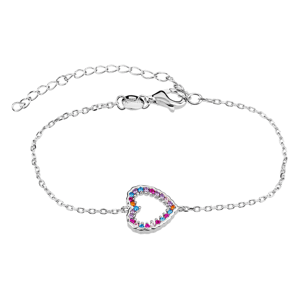 Нежный серебряный браслет Сердце с разноцветными фианитами и дополнительной цепочкой 039712 детальное изображение ювелирного изделия Серебряные женские браслеты Нежный серебряный браслет Сердце с разноцветными фианитами и дополнительной цепочкой 039712 детальное изображение ювелирного изделия Серебряные женские браслеты