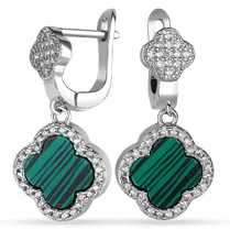 обзорное фото Серебряные серьги в форме Клевера с малахитом 038352 Серебряные серьги с камнями обзорное фото Серебряные серьги в форме Клевера с малахитом 038352  Серебряные серьги с камнями