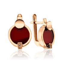 обзорное фото Стильные золотые серьги с красной эмалью и фианитами 035311 Золотые серьги обзорное фото Стильные золотые серьги с красной эмалью и фианитами 035311  Золотые серьги