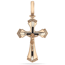 обзорное фото Золотой крестик с вставками из эмали и фианитов 034611 Золотые подвески обзорное фото Золотой крестик с вставками из эмали и фианитов 034611  Золотые подвески