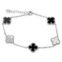 обзорное фото Нежный серебряный браслет Клевер с перламутром и ониксом 039395  Серебряные женские браслеты