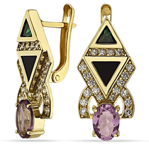 обзорное фото Роскошные золотые серьги с аметистом, агатом и фианитами 035047 Золотые серьги с аметистом обзорное фото Роскошные золотые серьги с аметистом, агатом и фианитами 035047  Золотые серьги с аметистом