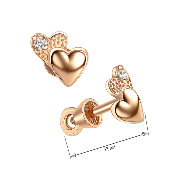 Золотые серьги-пусеты Два сердца с фианитом купить Золотые серьги-пусеты Два сердца с фианитом купить