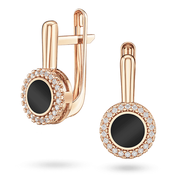 Серьги в красном золоте с фианитами и черной эмалью на английской застежке 041434 детальное изображение ювелирного изделия Золотые серьги с эмалью Серьги в красном золоте с фианитами и черной эмалью на английской застежке 041434 детальное изображение ювелирного изделия Золотые серьги с эмалью
