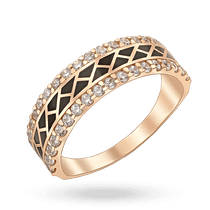 обзорное фото Золотое элегантное кольцо с геометрическим узором из черной эмали и дорожками фианитов 040924  Золотые кольца с эмалью