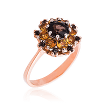 обзорное фото Золотое кольцо с дымчатым кварцем и цитрином Цветок 032949 Золотые кольца с цитрином обзорное фото Золотое кольцо с дымчатым кварцем и цитрином Цветок 032949  Золотые кольца с цитрином