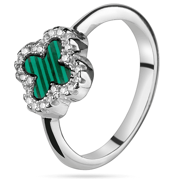 Нежное серебряное кольцо 925 пробы с малахитом и белыми фианитами Клевер 039432 детальное изображение ювелирного изделия Серебряные кольца со вставками