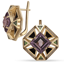 обзорное фото Золотые серьги круглой формы с аметистом, агатом и фианитами 034377 Золотые серьги с аметистом обзорное фото Золотые серьги круглой формы с аметистом, агатом и фианитами 034377  Золотые серьги с аметистом