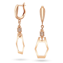 обзорное фото Золотые серьги-подвески в геометрическом дизайне с алмазной гранью и фианитами 041546 Золотые серьги с фианитом обзорное фото Золотые серьги-подвески в геометрическом дизайне с алмазной гранью и фианитами 041546  Золотые серьги с фианитом