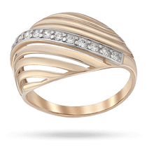 обзорное фото Золотое кольцо выполненое в оригинальном дизайне с волнообразными линиями и дорожкой фианитов 040486  Золотые кольца с фианитом