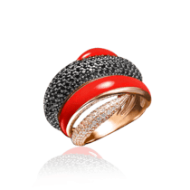 обзорное фото Женское кольцо из золота с нанокристаллами фианитами и красной эмалью 030850  Эксклюзивные кольца из золота