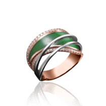 обзорное фото Золотое кольцо с фианитами и зеленой эмалью 030845  Эксклюзивные кольца из золота