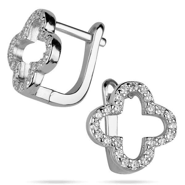 Невероятные серебряные серьги Клевер с белыми фианитами на английской застежке 039621 детальное изображение ювелирного изделия Серебряные серьги с камнями