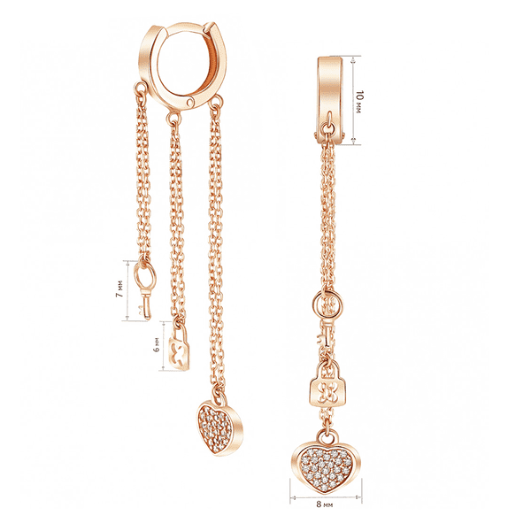 Золоті сережки-конго з ключиком, замком та серцем з фіанітами на ланцюжках 041023 детальне зображення ювелірного виробу Золоті сережки-конго з ключиком, замком та серцем з фіанітами на ланцюжках 041023 детальне зображення ювелірного виробу