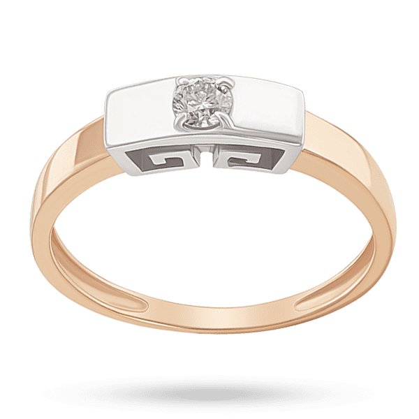 Золотое кольцо с бриллиантом в крапанах закрепленным на основе сбоку которого геометрический орнамент Золотое кольцо с бриллиантом в крапанах закрепленным на основе сбоку которого геометрический орнамент