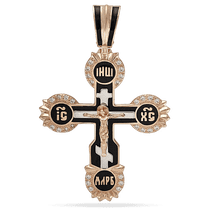 обзорное фото Золотой крест с черной эмалью и фианитом Спаси и Сохрани 039001 Золотые крестики православные обзорное фото Золотой крест с черной эмалью и фианитом Спаси и Сохрани 039001  Золотые крестики православные