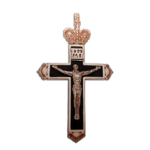 обзорное фото Золотой крестик с черной эмалью с Распятием 028805 Крестики мужские обзорное фото Золотой крестик с черной эмалью с Распятием 028805  Крестики мужские