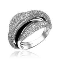 обзорное фото Объемное серебряное кольцо с черной эмалью и белыми фианитами 035030  Серебряные кольца
