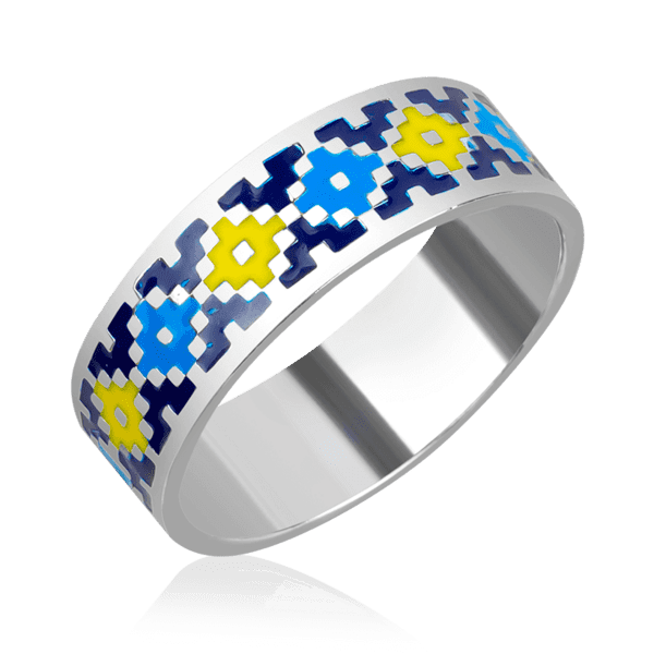 Серебряное кольцо Украинская Вышиванка жёлто-голубая, родированное серебро 925 пробы 037255 детальное изображение ювелирного изделия Серебряные кольца со вставками