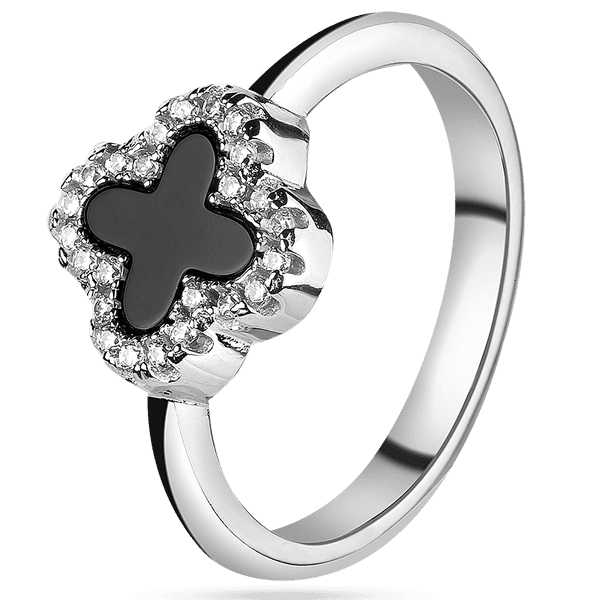 Кольцо из серебра 925 проба Клевер с ониксом и фианитами 039401 детальное изображение ювелирного изделия Серебряные кольца со вставками Кольцо из серебра 925 проба Клевер с ониксом и фианитами 039401 детальное изображение ювелирного изделия Серебряные кольца со вставками