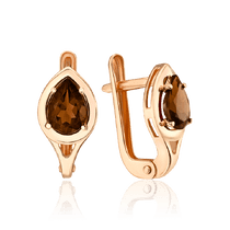 обзорное фото Золотые серьги с грушеобразным дымчатым кварцем 035218  Золотые серьги
