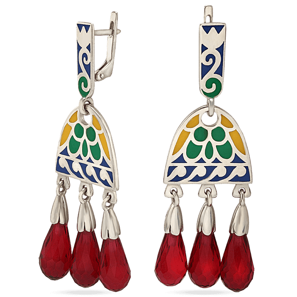 Серебряные серьги с цветной эмалью и волшебными красными кристаллами 038948 детальное изображение ювелирного изделия Серебряные серьги с камнями