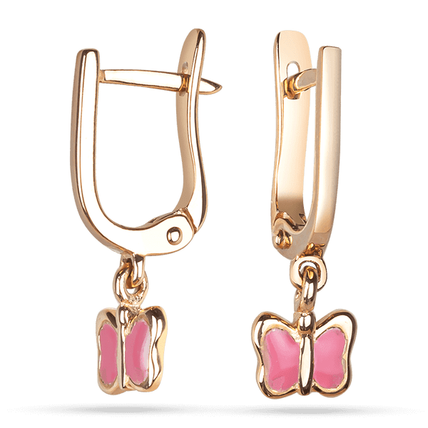 Золотые серьги с подвесным элементом Бабочка с розовой эмалью 037085 детальное изображение ювелирного изделия Золотые детские сережки Золотые серьги с подвесным элементом Бабочка с розовой эмалью 037085 детальное изображение ювелирного изделия Золотые детские сережки