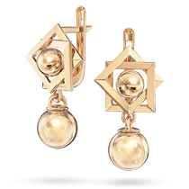 обзорное фото Золотые серьги с двумя квадратными рамками под разными углами и шариками 032545  Золотые серьги без вставок