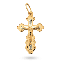 обзорное фото Золотой двойной комбинированный крестик с распятием на белом кресте 040745  Золотые крестики православные