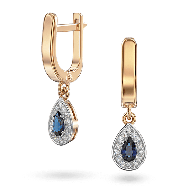Комбинированные серьги-подвески с сапфиром огранки груша, окруженным бриллиантами 041056 детальное изображение ювелирного изделия Золотые серьги с сапфиром