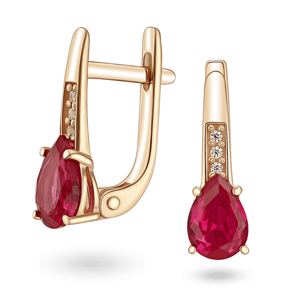 Золотые серьги на английской застежке украшены рубином огранки груша и дорожками фианитов 040825 детальное изображение ювелирного изделия Золотые серьги с рубином Золотые серьги на английской застежке украшены рубином огранки груша и дорожками фианитов 040825 детальное изображение ювелирного изделия Золотые серьги с рубином