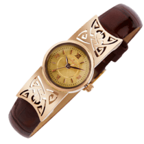 обзорное фото Женские золотые часы с кожаным ремешком в классическом стаиле 036191  Женские золотые часы