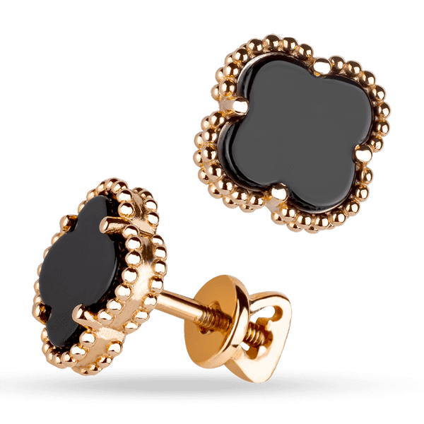 Серьги на закрутке Клевер с ониксом в красном золоте 039874 детальное изображение ювелирного изделия Золотые серьги с ониксом Серьги на закрутке Клевер с ониксом в красном золоте 039874 детальное изображение ювелирного изделия Золотые серьги с ониксом
