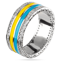 обзорное фото Серебряное кольцо дорожка из фианитов и желто - голубой эмали 039364 Серебряные кольца со вставками обзорное фото Серебряное кольцо дорожка из фианитов и желто - голубой эмали 039364  Серебряные кольца со вставками