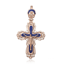 обзорное фото Золотой крестик с синей эмалью с Распятием 028807 Крестики женские обзорное фото Золотой крестик с синей эмалью с Распятием 028807  Крестики женские