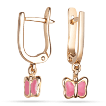 обзорное фото Золотые серьги с подвесным элементом Бабочка с розовой эмалью 037085  Золотые детские сережки