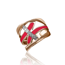 обзорное фото Золотое кольцо с красной эмалью и фианитами 030830  Эксклюзивные кольца из золота