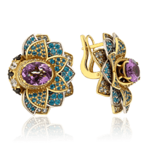 оглядове фото Золоті сережки Квітка з аметистом і фіанітами 036256