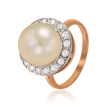 обзорное фото Кольцо золотое с жемчугом и фианитами 033434 Золотые кольца обзорное фото Кольцо золотое с жемчугом и фианитами 033434  Золотые кольца