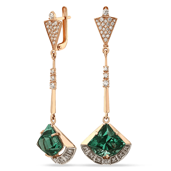 Золоті сережки з зеленим кварцом і фіанітами вечірні 034419 детальне зображення ювелірного виробу Золоті сережки з зеленим кварцом і фіанітами вечірні 034419 детальне зображення ювелірного виробу