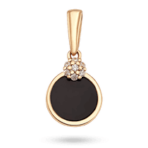обзорное фото Золотой подвес с круглым черным агатом обрамленный в рамке украшен композицией из фианитов 040516  Золотые кулоны с агатом