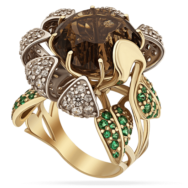 Кольцо в желтом золоте Цветок с дымчастым кварцем и фианитами 036789 детальное изображение ювелирного изделия Золотые кольца Кольцо в желтом золоте Цветок с дымчастым кварцем и фианитами 036789 детальное изображение ювелирного изделия Золотые кольца