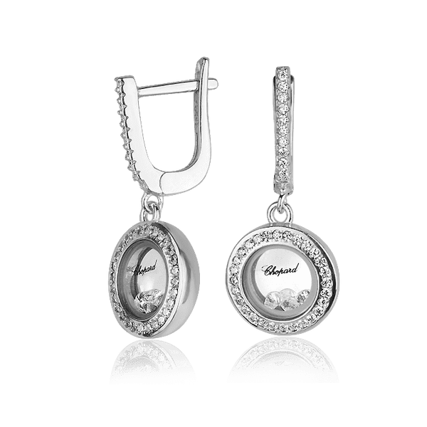 Серебряные серьги на английском замке в стиле Chopard с фианитами 027339 детальное изображение ювелирного изделия Серебряные серьги с камнями Серебряные серьги на английском замке в стиле Chopard с фианитами 027339 детальное изображение ювелирного изделия Серебряные серьги с камнями