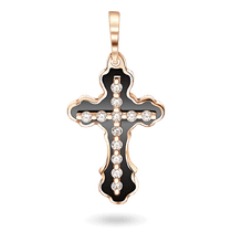 обзорное фото Крестик из красного золота с черной эмалью и фианитами 040883  Декоративные золотые крестики