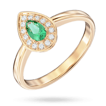 обзорное фото Золотое кольцо в форме капли с центральным изумрудом окруженным бриллиантами 040620  Золотые кольца с изумрудом