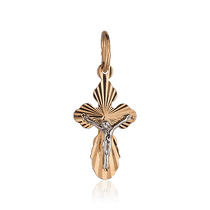 обзорное фото Золотой крестик с Распятием и алмазной гранью 028145 Детский золотой крестик обзорное фото Золотой крестик с Распятием и алмазной гранью 028145  Детский золотой крестик