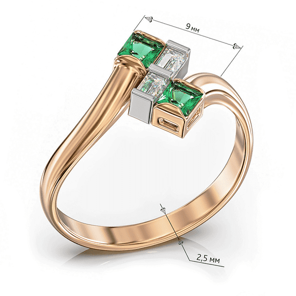Комбинированное асимметричное кольцо с квадратными изумрудами и прямоугольными бриллиантами