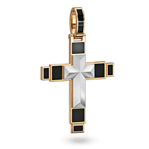 обзорное фото Комбинированная рельефная подвеска-крестик в геометрическом стиле со вставками черной эмали 040813  Декоративные золотые крестики