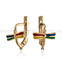 обзорное фото Детские золотые серьги Стрекоза с эмалью 400221Е Золотые детские сережки обзорное фото Детские золотые серьги Стрекоза с эмалью 400221Е  Золотые детские сережки